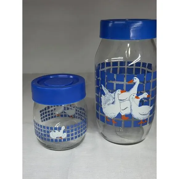VTG Carlton Blue Lidded Glass Geese & Duck Jar 3/4 & 2 Liter USA Goose Cottage - Picture 2 of 16